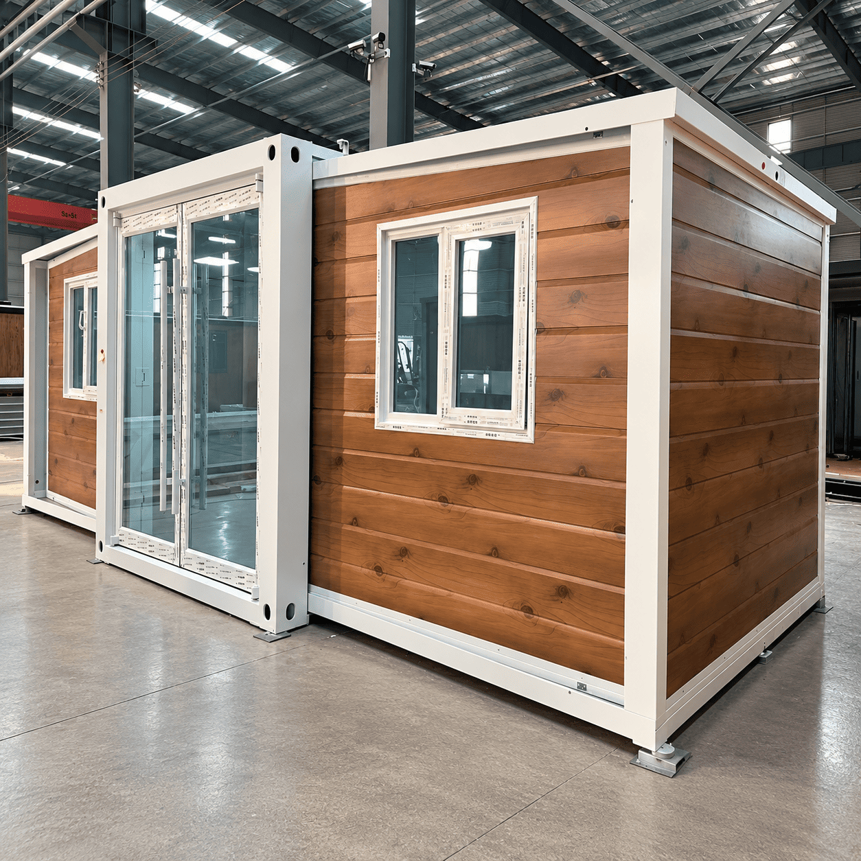 Casa Box Contenedor expandible de 10 pies Inicio | Caba&ntilde;a r&uacute;stica con patio trasero con apariencia de madera natural