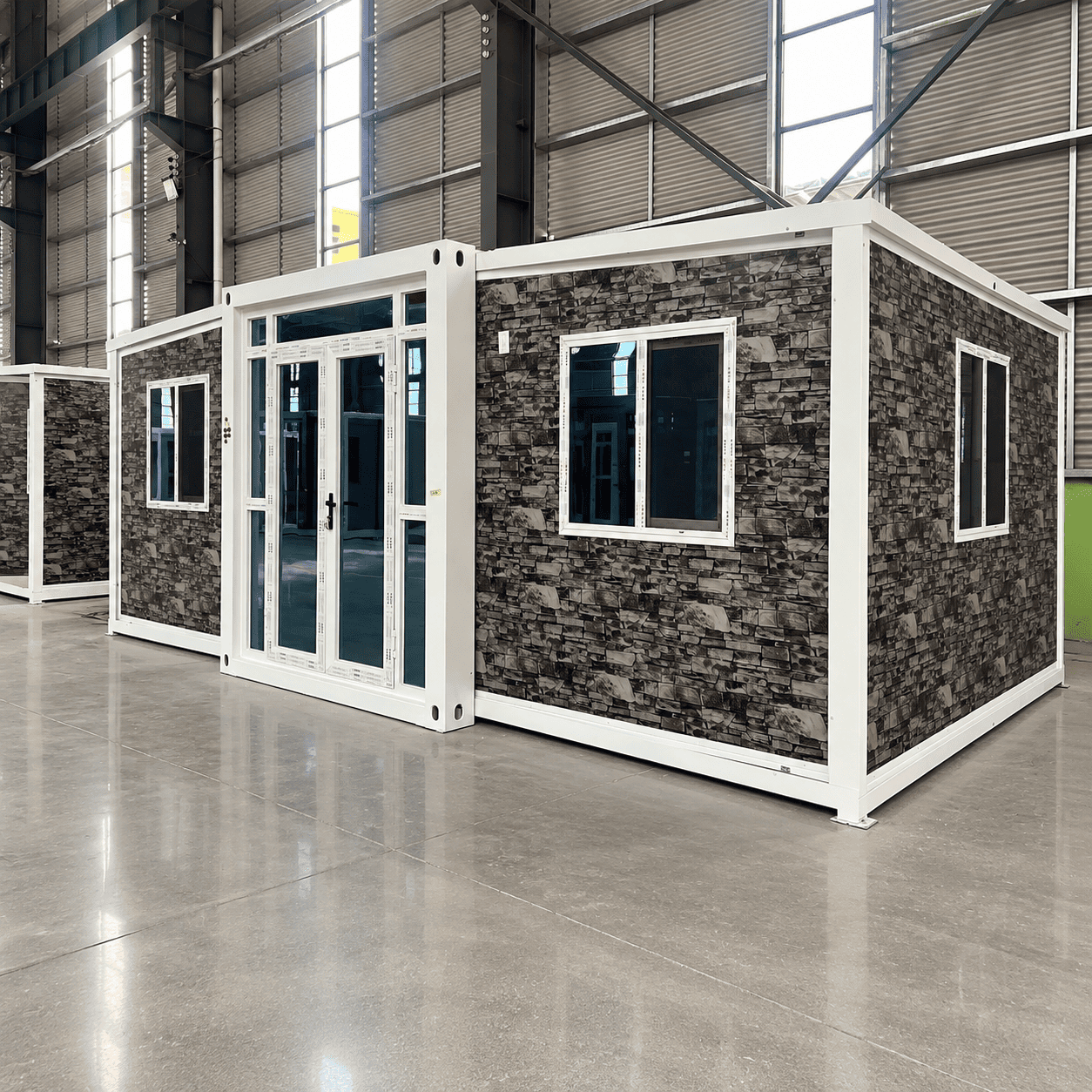 Casa Box Contenedor expandible de 10 pies Inicio | Caba&ntilde;a con textura de roca