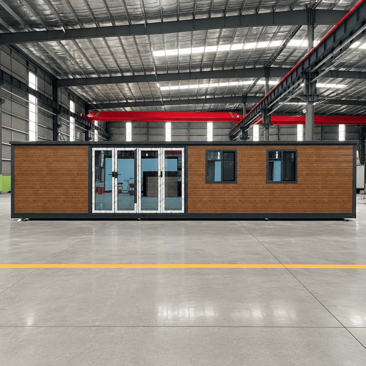 Casa Box Casa contenedor expandible de 40 pies | Revestimiento de madera y puertas grandes de vidrio